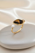 S925 Silver Willow Leaf Tiger's Eye Open Cuff Ring
