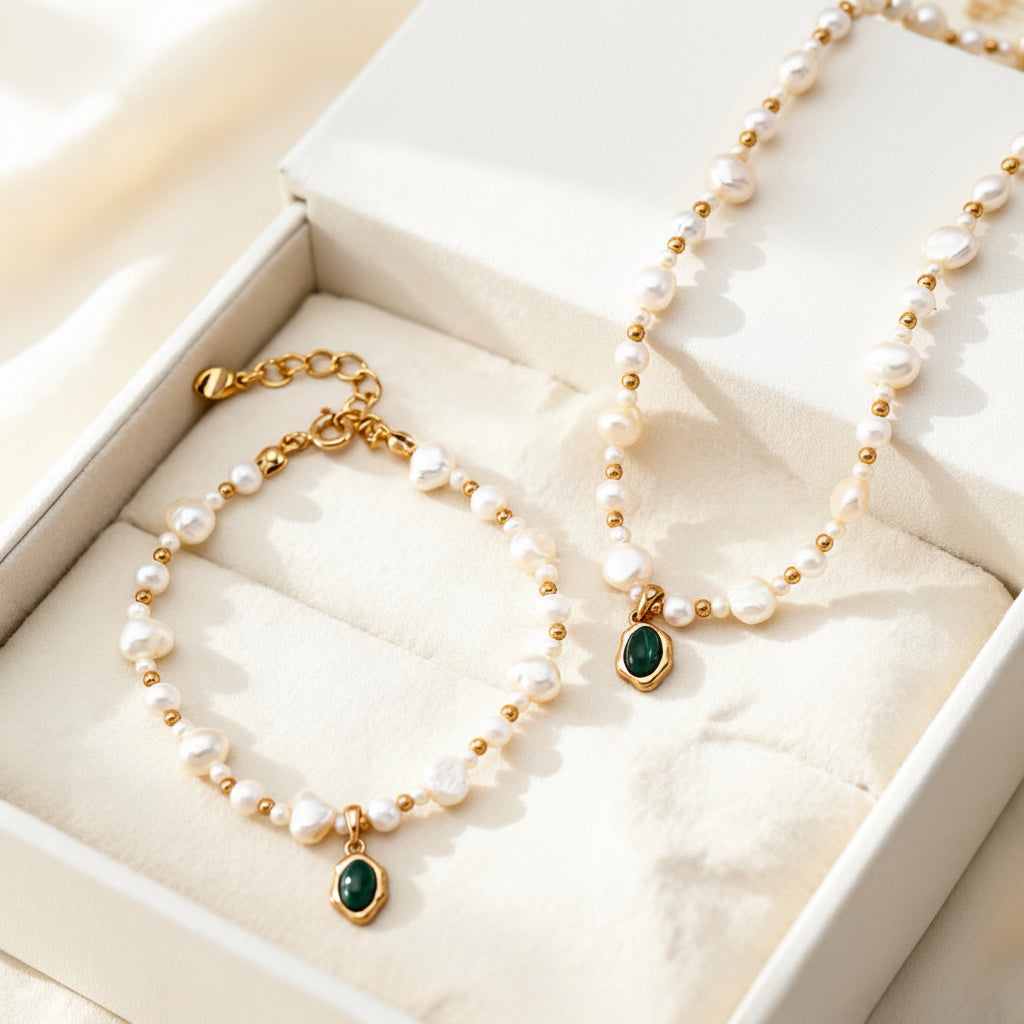 Bracelet S925 vintage en or, malachite et perles baroques