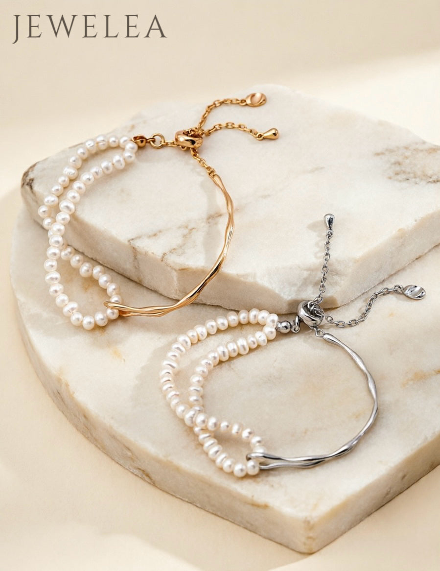 Bracelet S925 en argent perles double-couches et fluidité fondue