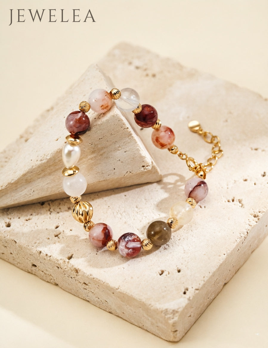 S925 Vintage Pearl & Red Hematoid Quartz Bracelet