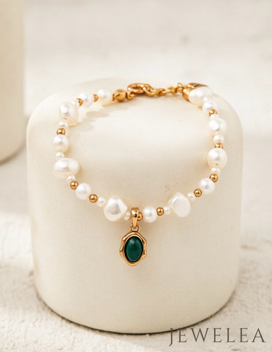 Bracelet S925 vintage en or, malachite et perles baroques