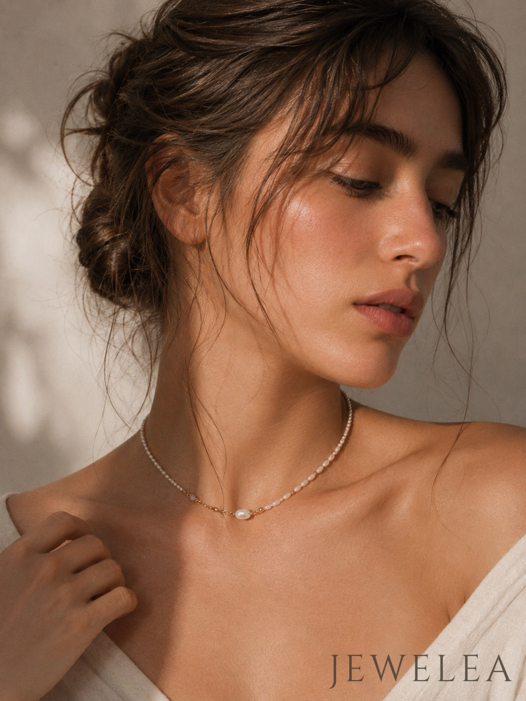 Collier en opale et perles S925 en métal fluide doré vintage