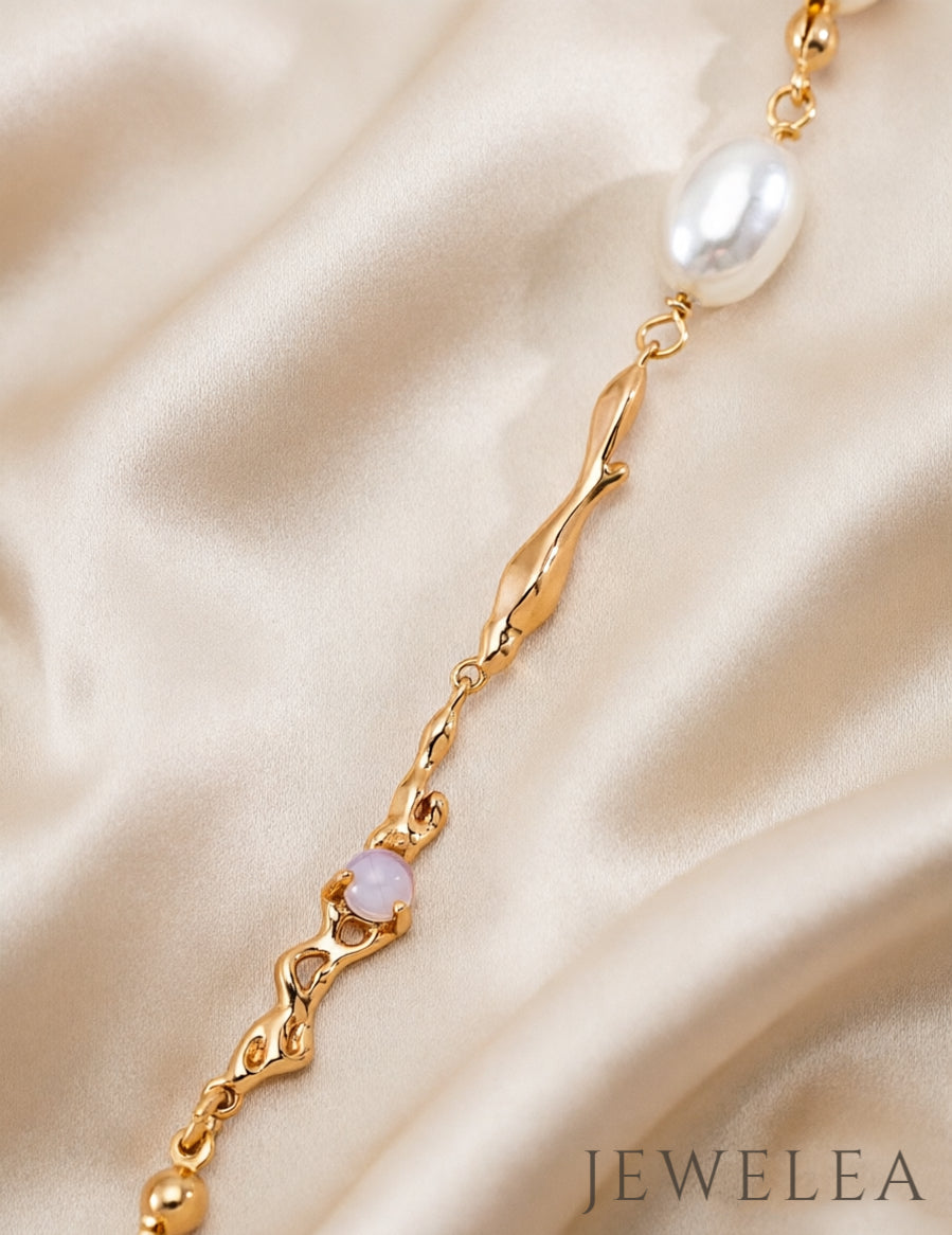 Collier en opale et perles S925 en métal fluide doré vintage