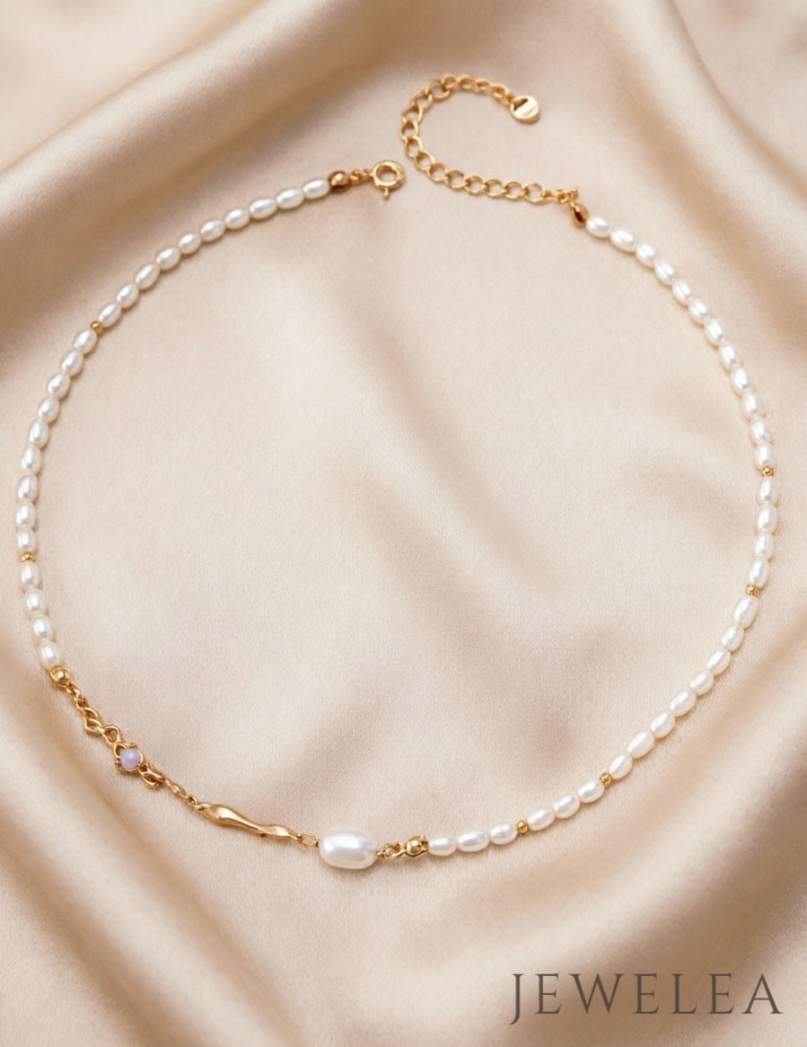 Collier en opale et perles S925 en métal fluide doré vintage