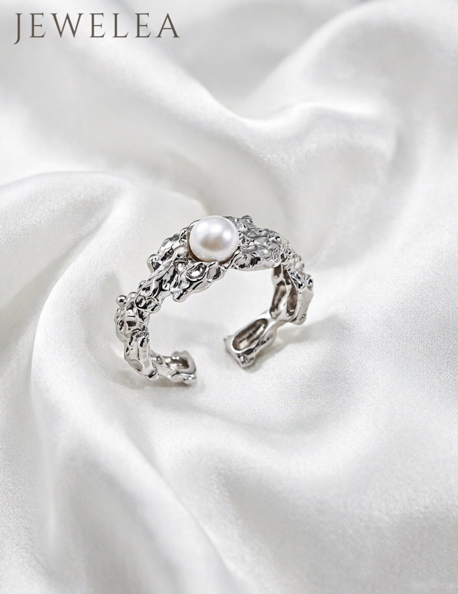 S925 Sculptée à la Main (La Bague Lave Fondue et Perle)