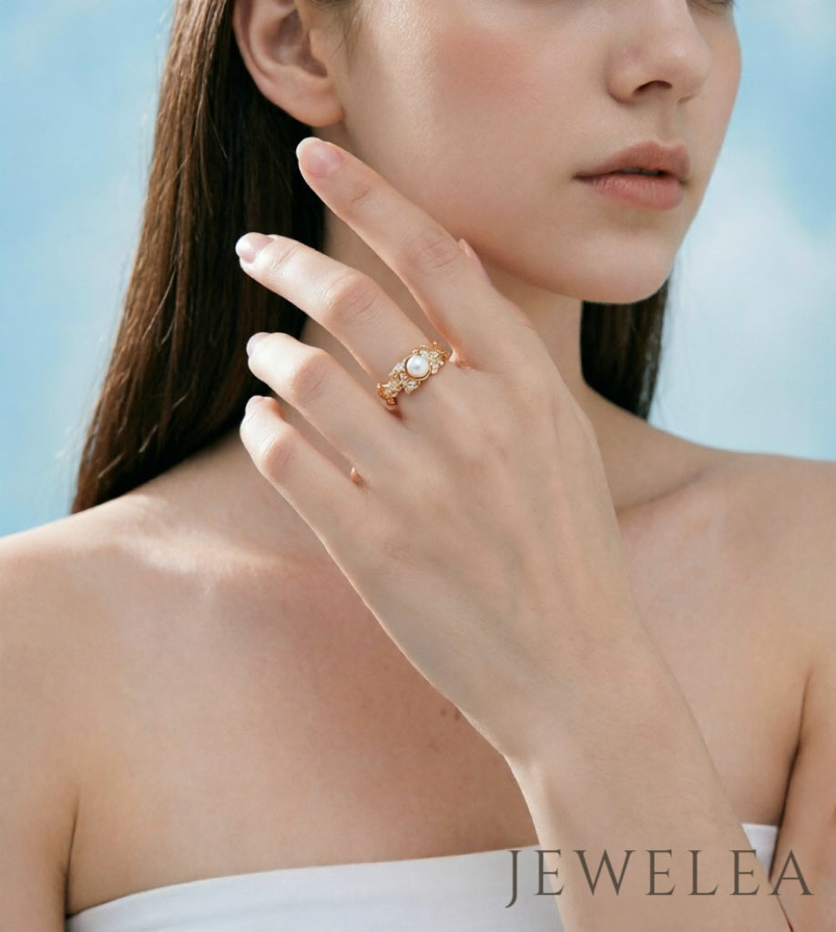 S925 Sculptée à la Main (La Bague Lave Fondue et Perle)