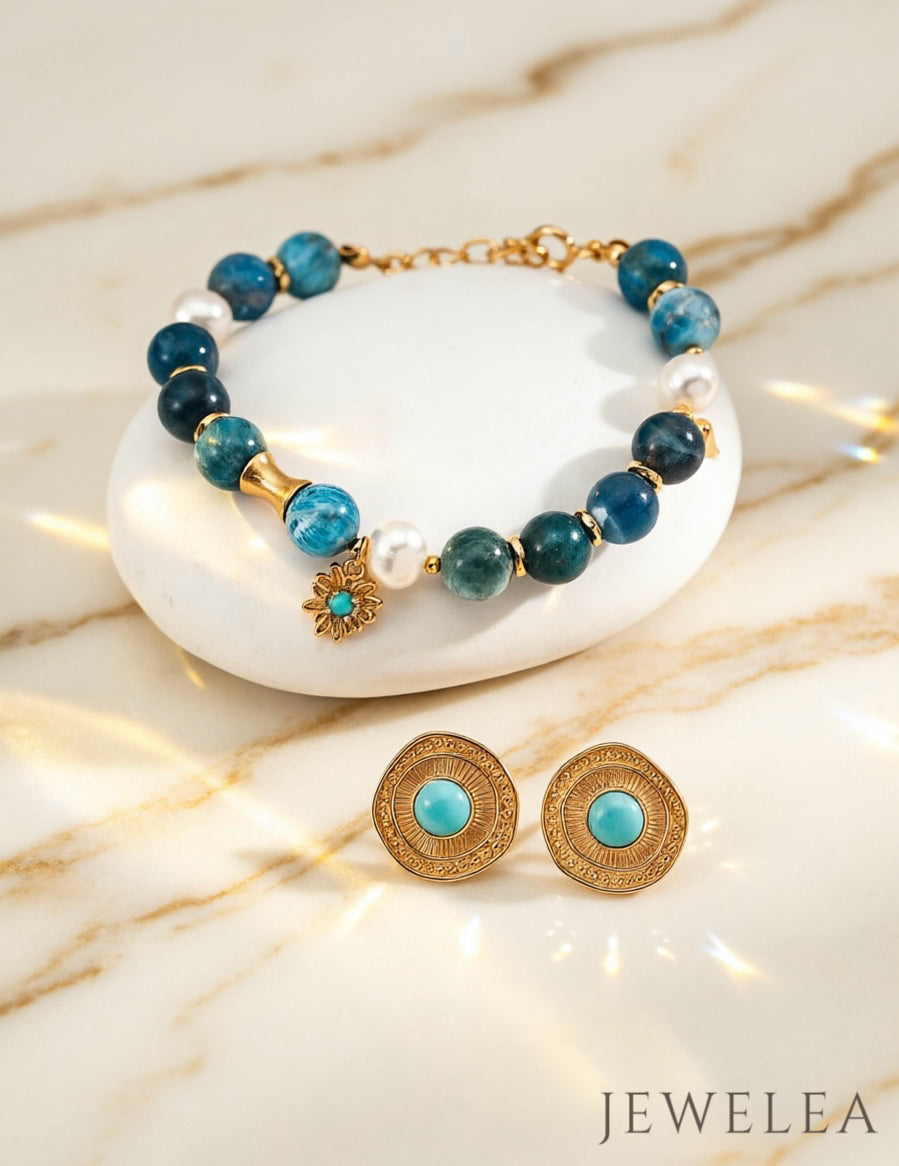 S925"Riviera Azure" Natural Azurite & Pearl Bracelet