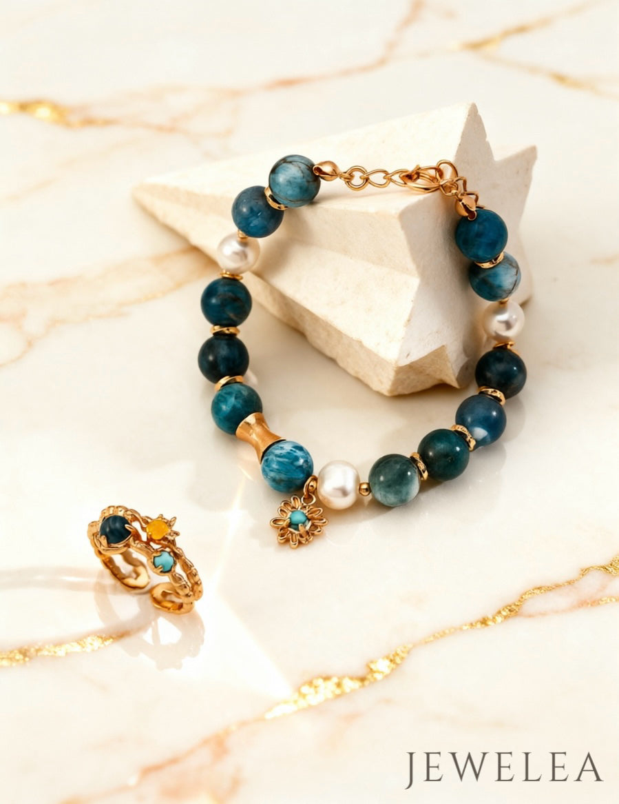 S925"Riviera Azure" Natural Azurite & Pearl Bracelet