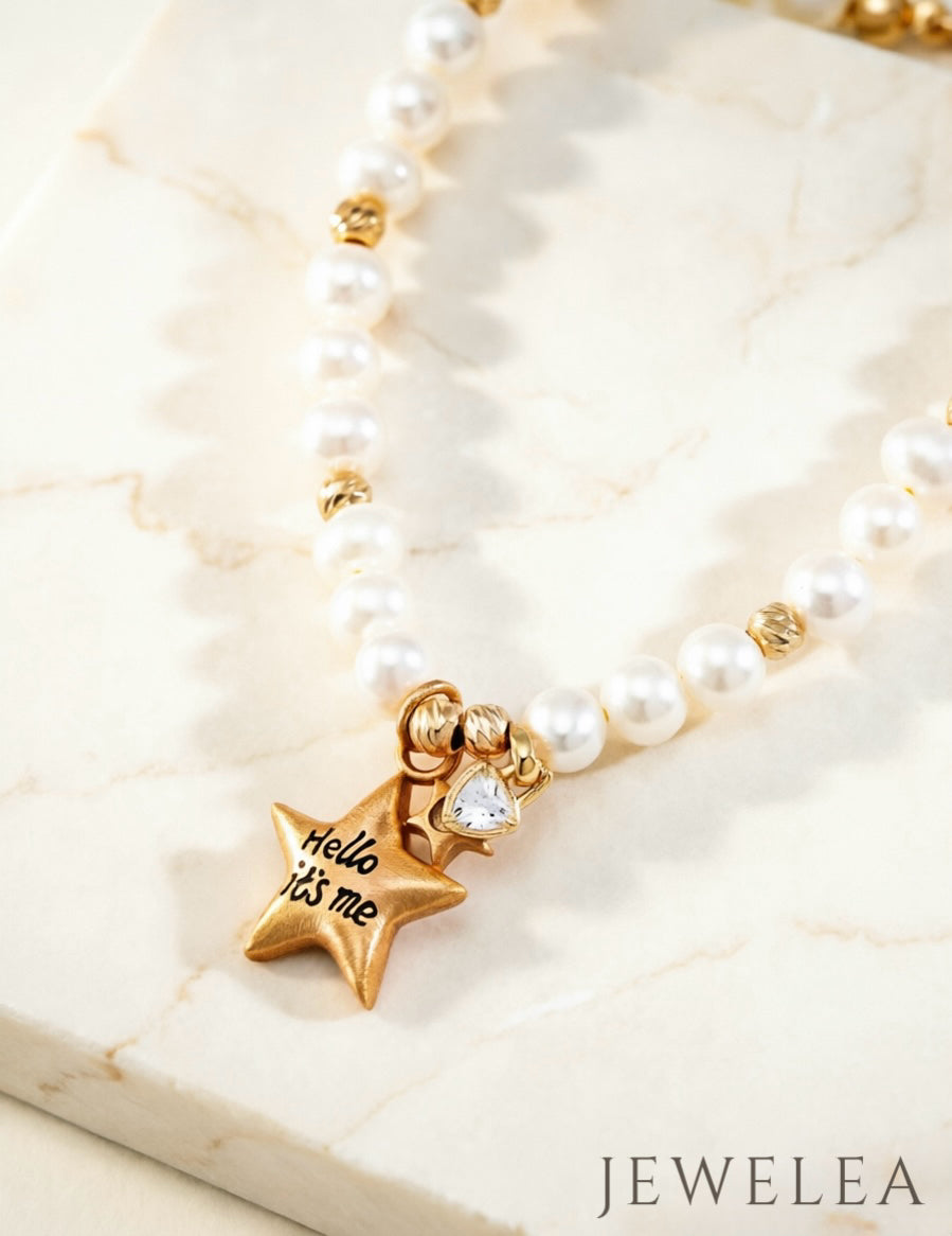 S925 Vintage Gold Celestial Starburst & Natural Pearl Strand Bracelet