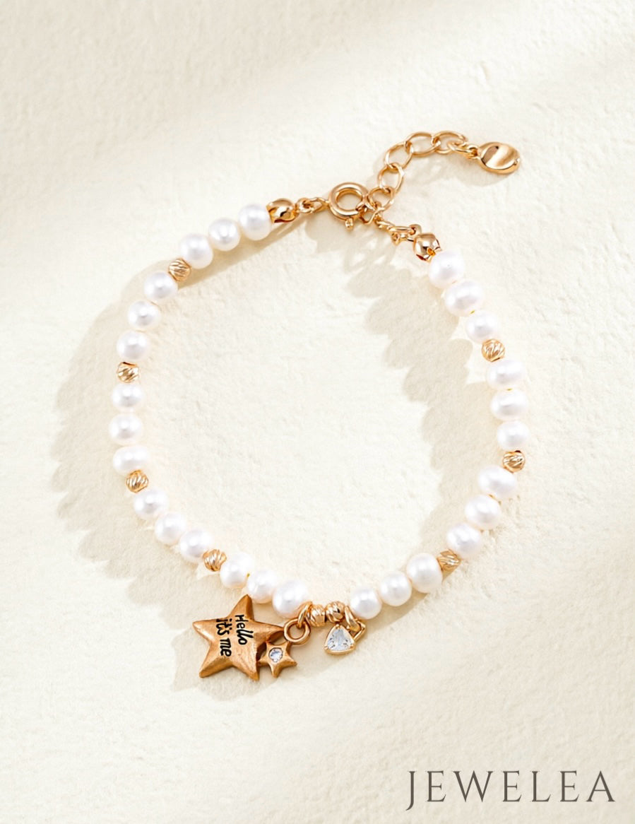 S925 Vintage Gold Celestial Starburst & Natural Pearl Strand Bracelet
