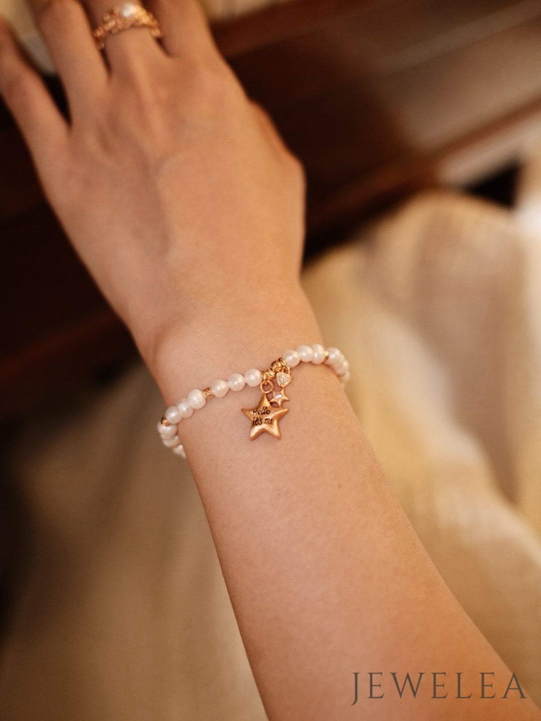 S925 Vintage Gold Celestial Starburst & Natural Pearl Strand Bracelet