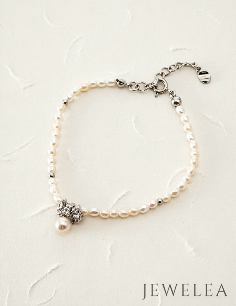 S925 Vintage Gold Pleated Ribbon Bow & Teardrop Pearl Bracelet