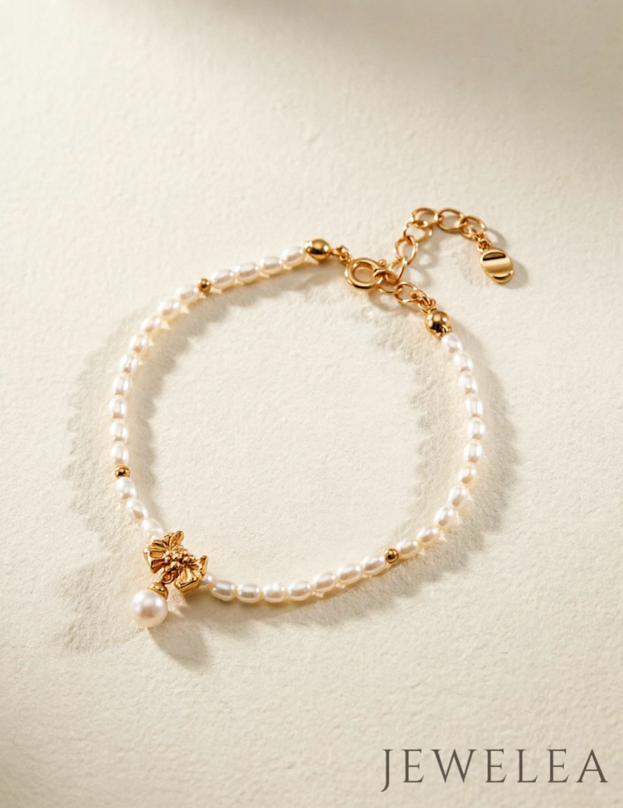 S925 Vintage Gold Pleated Ribbon Bow & Teardrop Pearl Bracelet