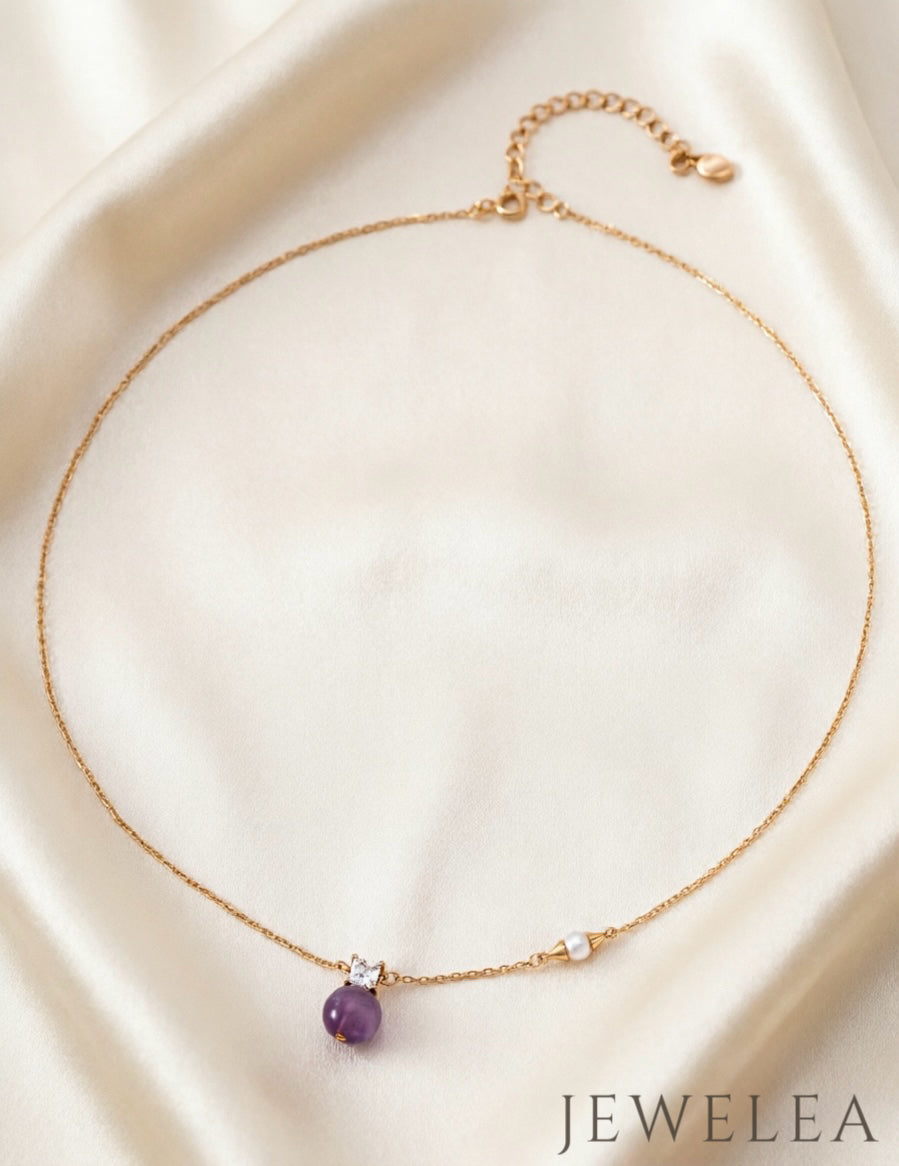 S925 The Asymmetric Orbit Amethyst & Pearl Necklace