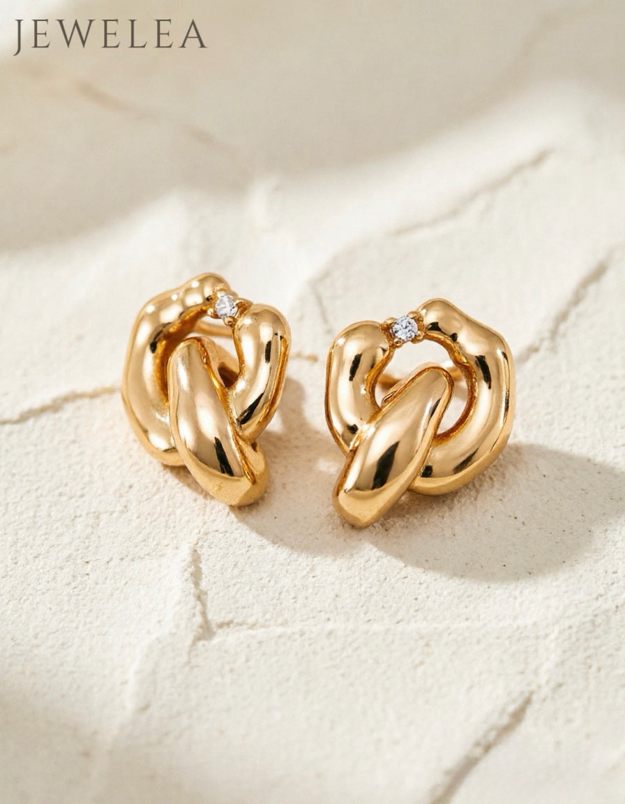 S925 Interlocking Embrace Fluid Metal & CZ Knot Stud Earrings