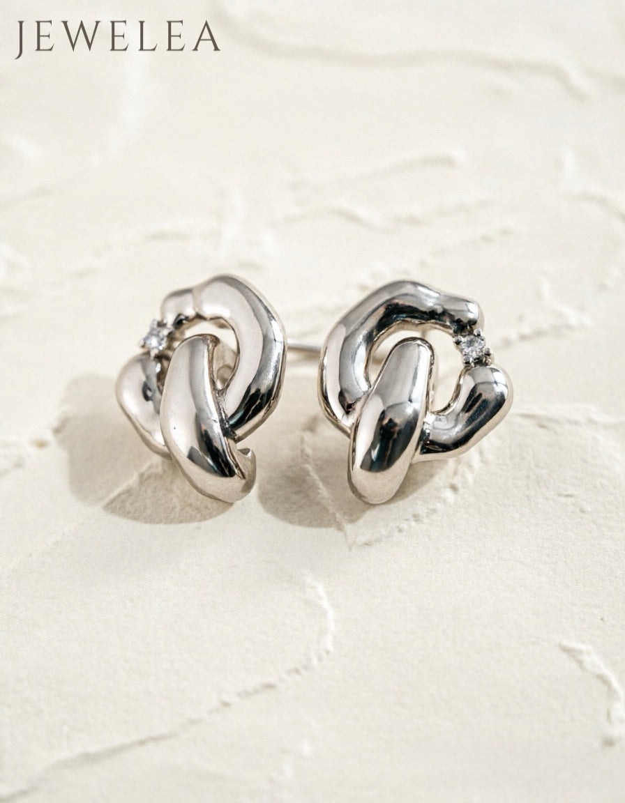 S925 Interlocking Embrace Fluid Metal & CZ Knot Stud Earrings