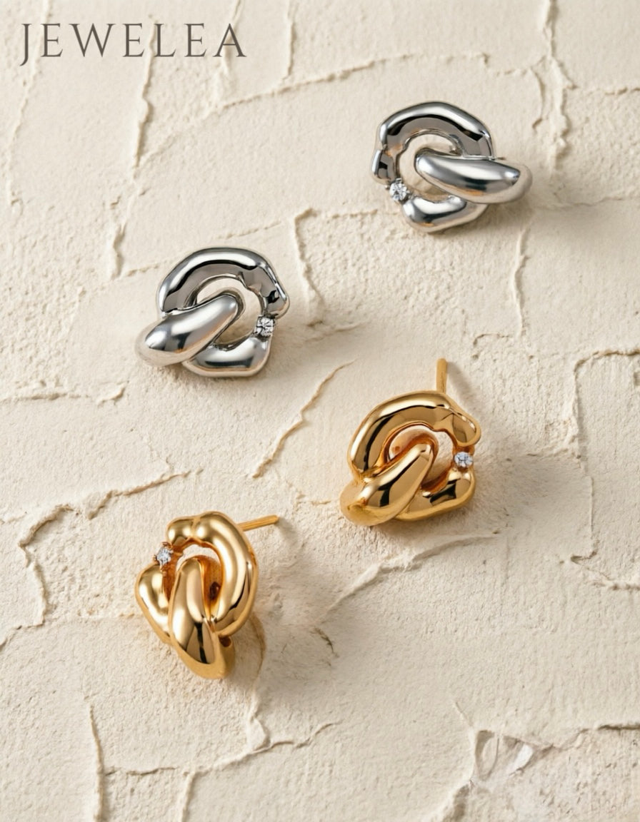 S925 Interlocking Embrace Fluid Metal & CZ Knot Stud Earrings